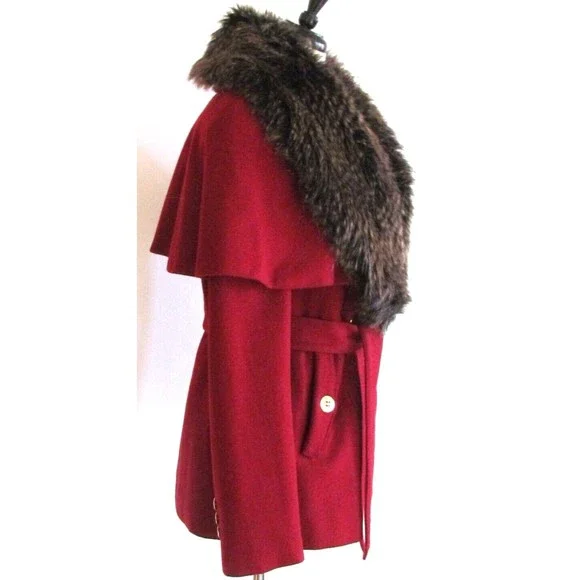 Steve Madden Burgundy Wool Capelet with Faux Fur Collar Double Breasted Coat L
